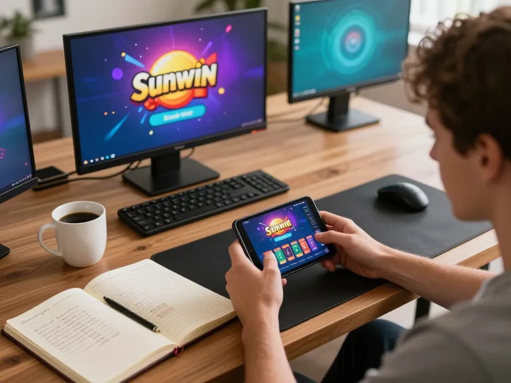 Engaged player exploring the sunwin casino app during a cozy home session, capturing the excitement of online gambling.