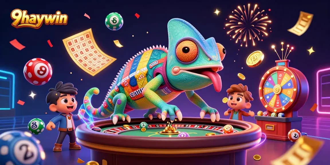 Engage in thrilling gameplay at 9haywin with vibrant lottery elements and a colorful chameleon owner.