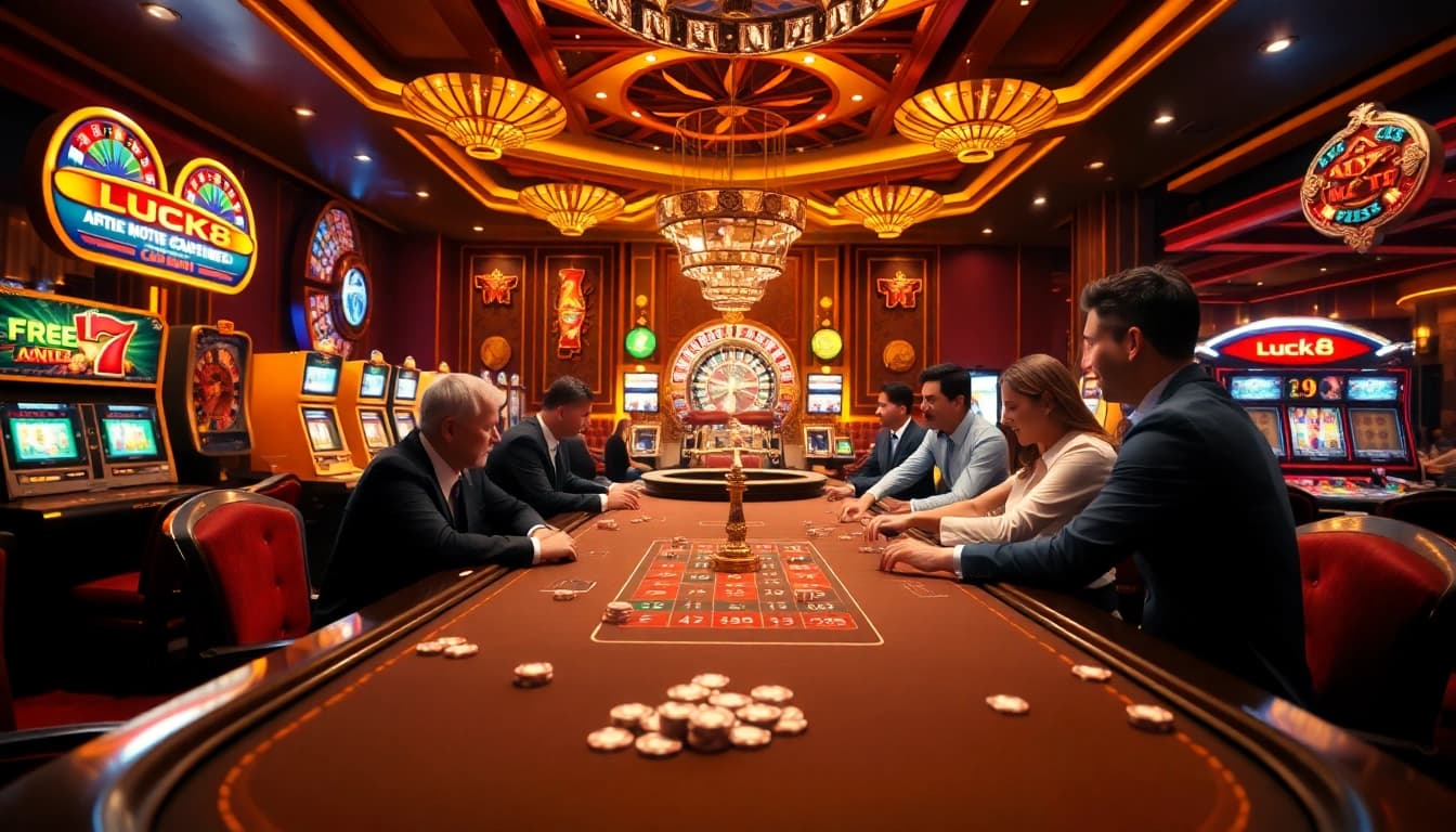 LUCK8 casino scene showcasing players at a luxurious table, highlighting excitement and engaging gambling experiences.