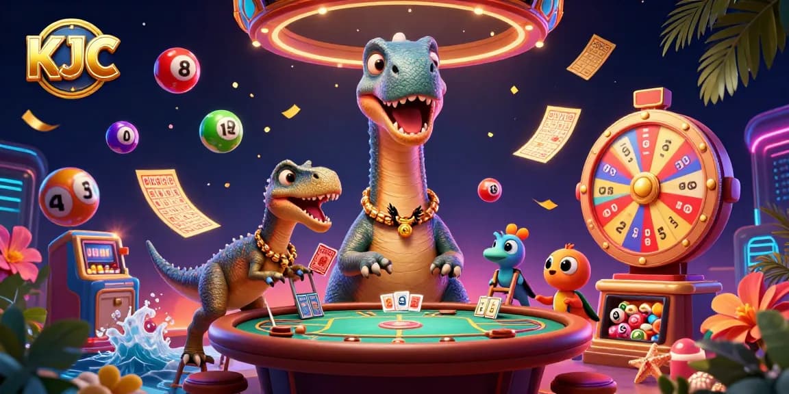 KJC's dynamic casino scene features a giant brontosaurus, a raptor dealer, and lottery elements in action.