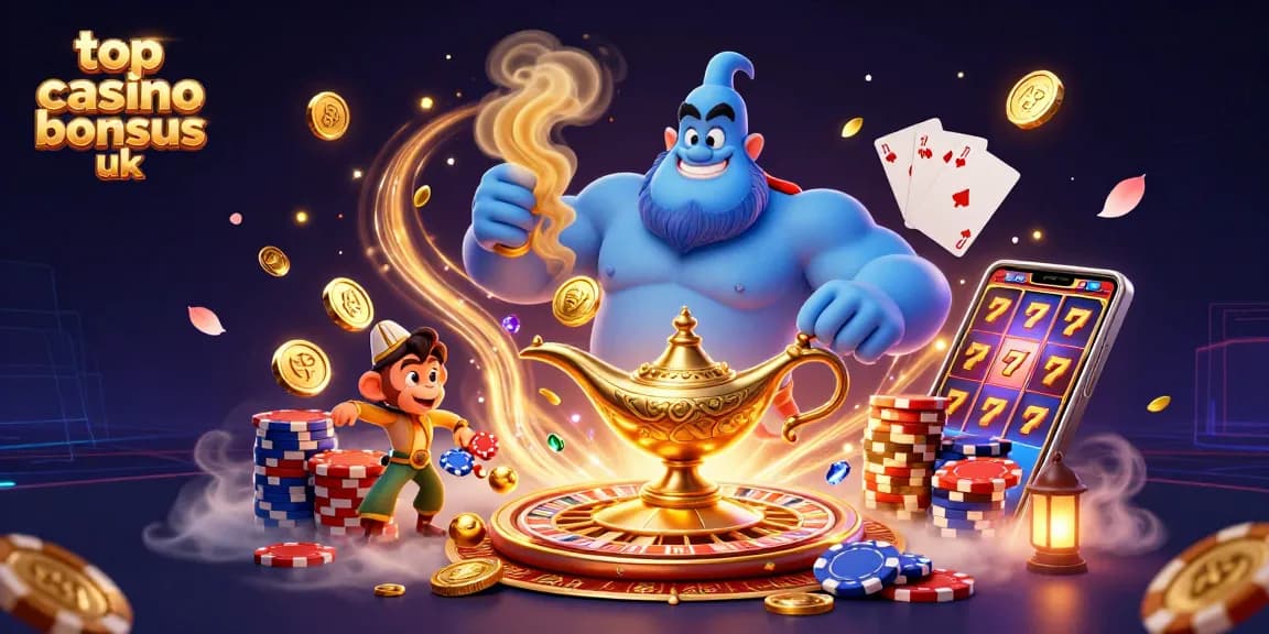 Experience top casino bonuses uk with a vibrant scene featuring a genie and poker chips.