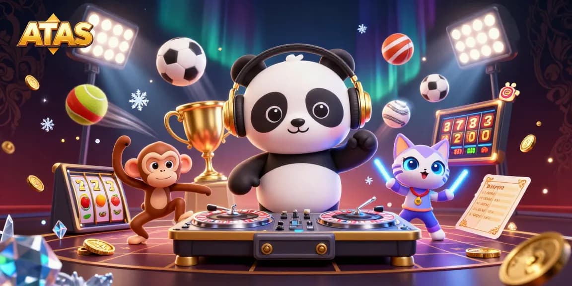 Engage with ATAS casino gaming, featuring a DJ panda, dancing monkey, and glowing kitten amidst vibrant slot machines and sports elements.