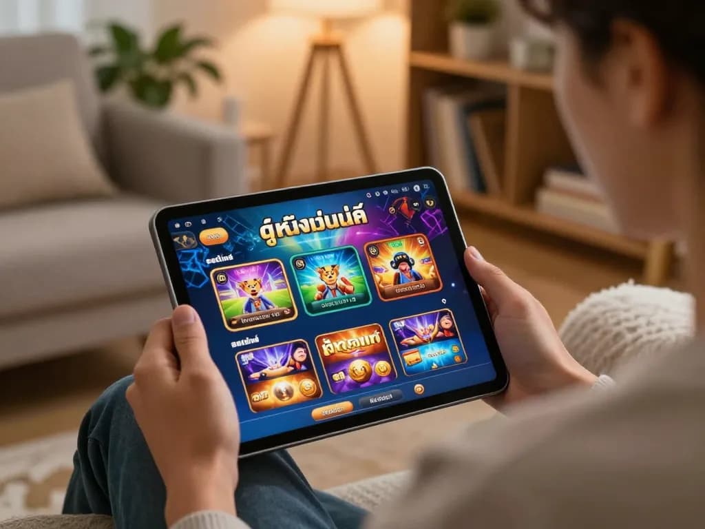 Engaging user playing ดูหนังออนไลน์ on a tablet in a cozy living room setting, showcasing mobile gaming.