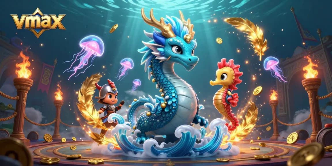 Experience thrilling bets with vmax at a vibrant underwater casino oasis featuring a dragon and jellyfish.