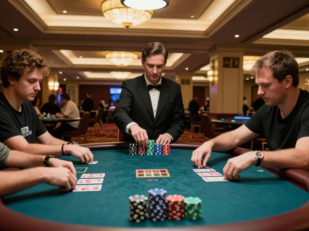 hi88 poker players strategizing at a high-stakes table in upscale casino atmosphere