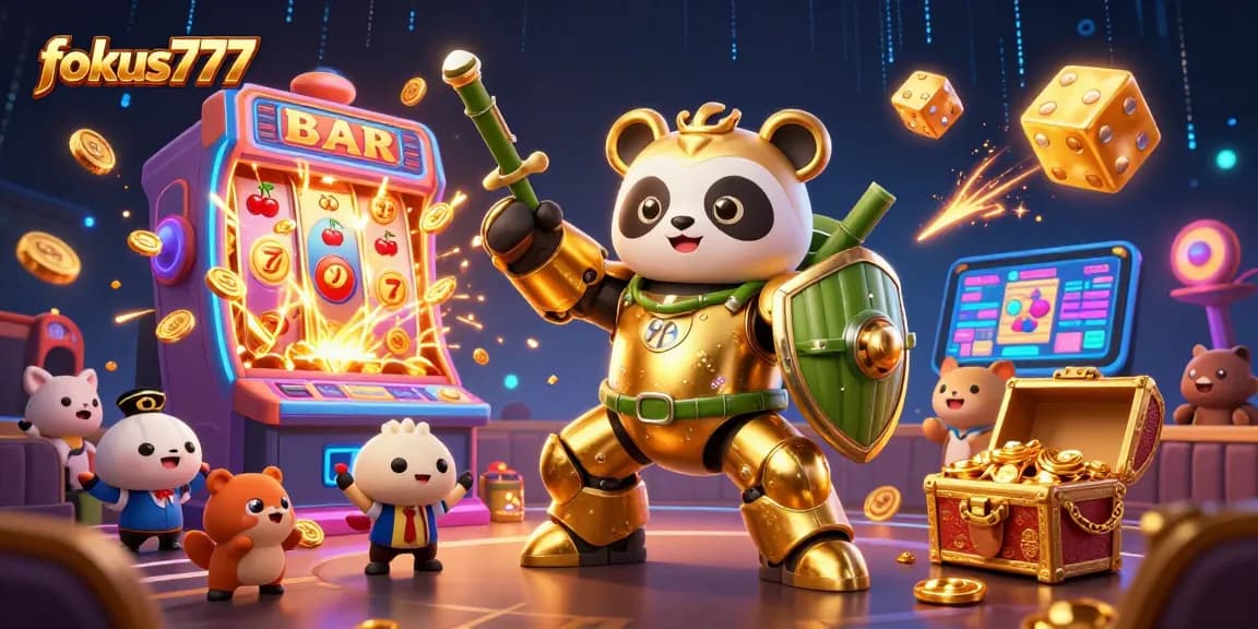Experience excitement with fokus777 in a dynamic online casino illustrated scene bursting with jackpot action.