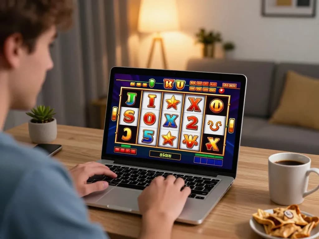 Player enjoying an online casino slot game on their laptop, highlighting link slot gacor excitement and interactive gameplay.