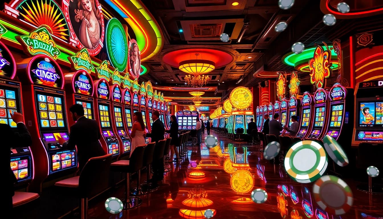 Players excitedly engaging with slot machines in a luxurious casino environment.