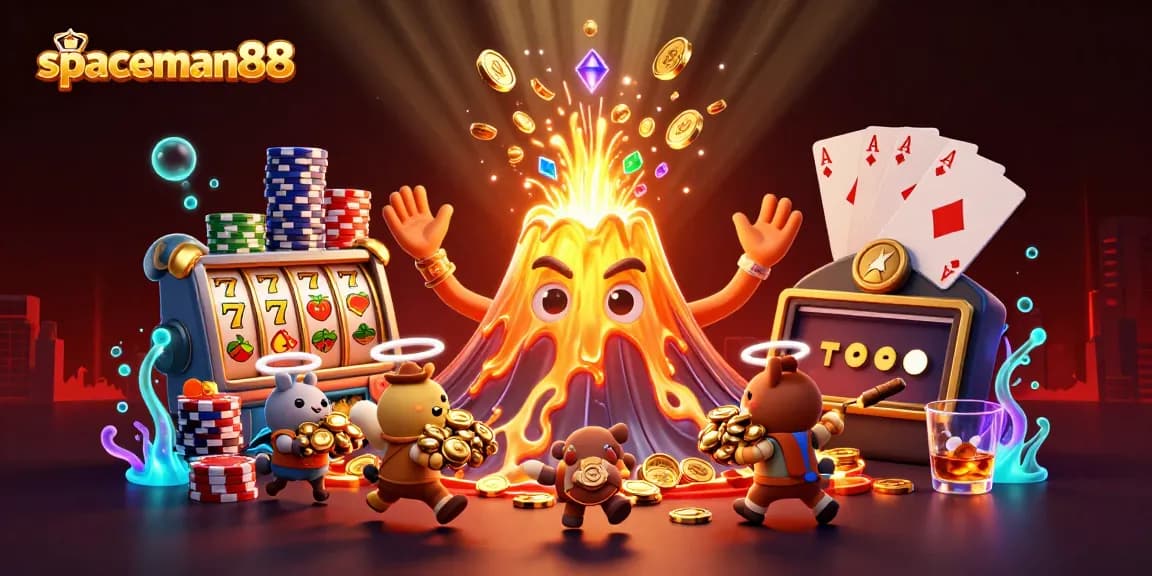 Catch the action at spaceman88 with a vibrant scene featuring a golden volcano erupting treasures!