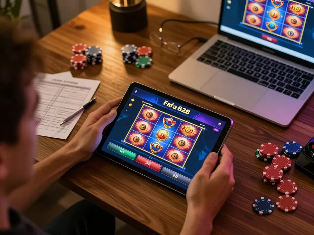 Player engaging with Fafa 828 casino app on tablet, showcasing an exciting online gaming experience