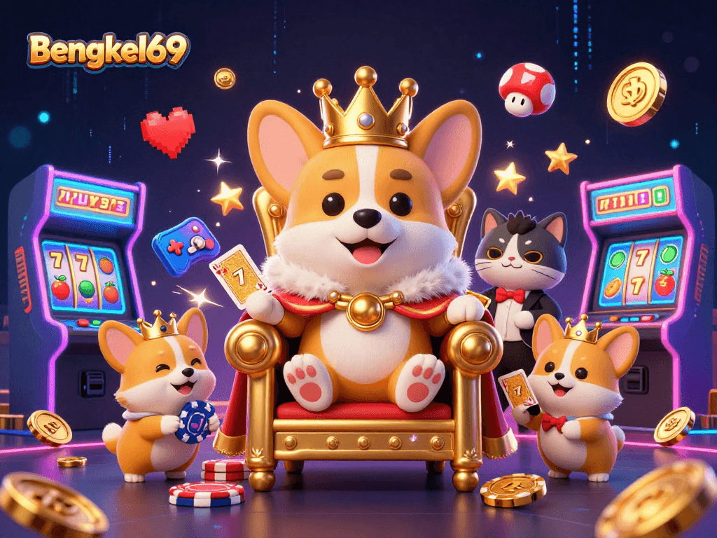 Experience the excitement of Bengkel69 with a 3D royal corgi leading a vibrant casino scene