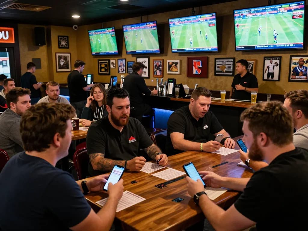 Soi Kèo sports betting scene with active patrons cheering and placing bets in a lively sports bar atmosphere