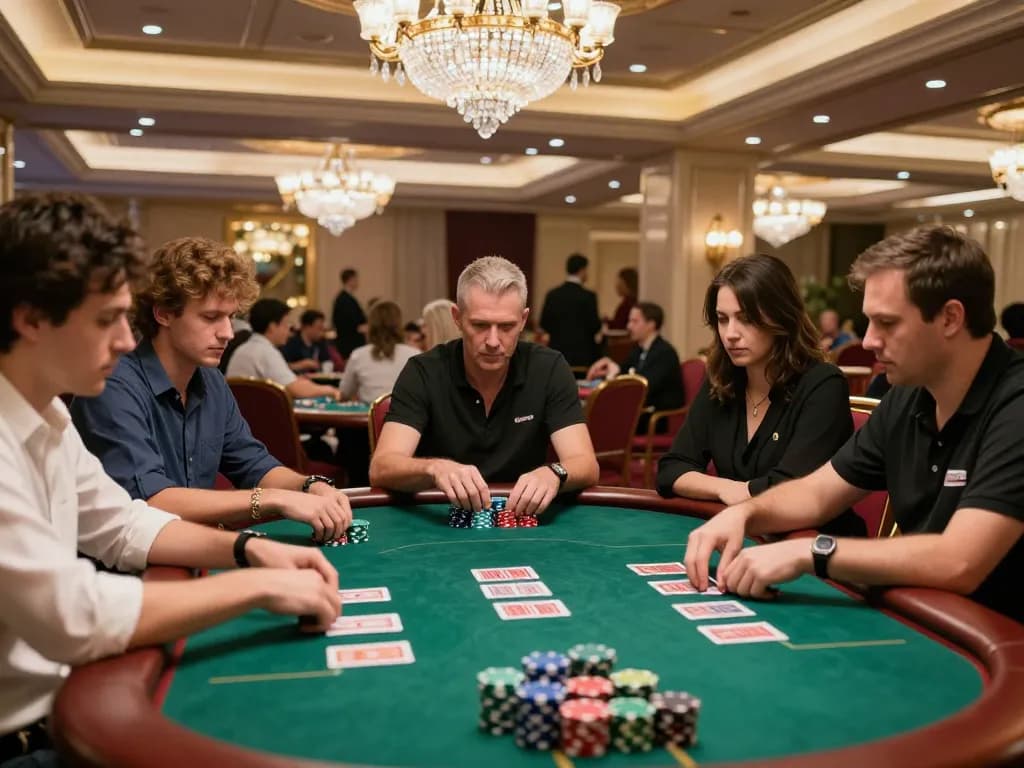 GO88 players engaged in high-stakes poker with vibrant chips and cards during intense gameplay