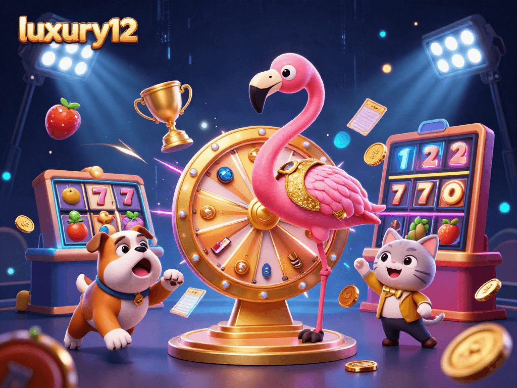 luxury12 memutar roda hadiah dengan para karakter kasino yang bersemangat seperti flamingo dan bulldog.