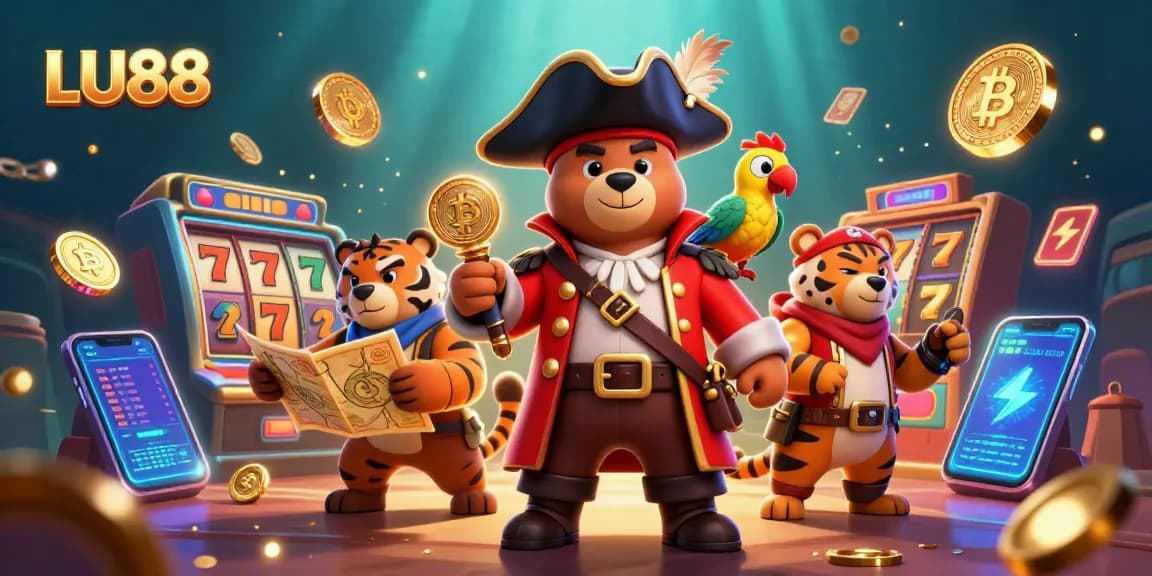 Engage with LU88's thrilling jackpots alongside a pirate captain bear and tiger in a dynamic casino scene.