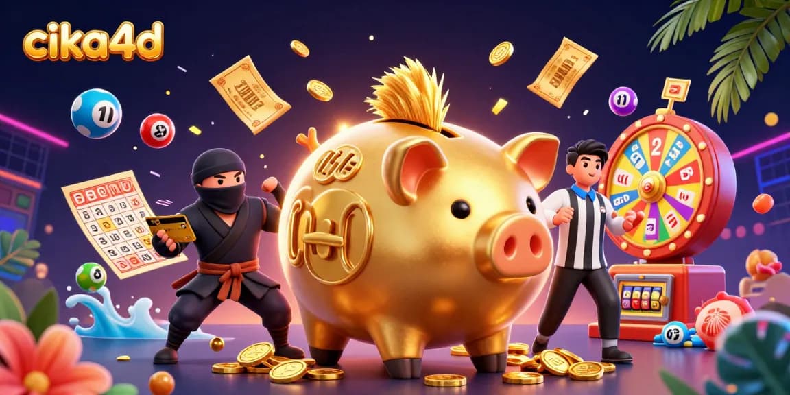 Experience excitement with cika4d in this vibrant 3D illustration showcasing casino elements and animated characters.