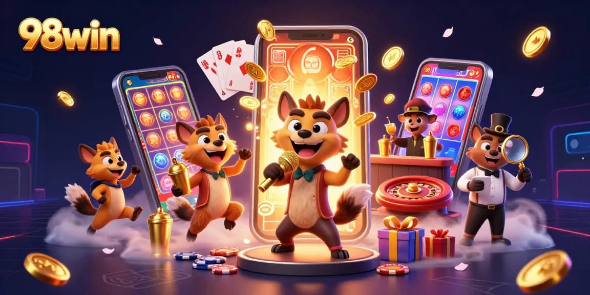 Experience exciting gaming action at 98win, featuring a lively casino scene with humor and vibrant elements.