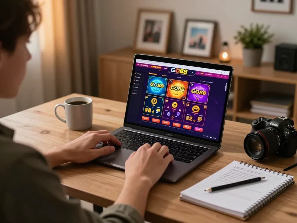 Playing game go88 on a laptop in a cozy home office setting, showcasing online gambling excitement.