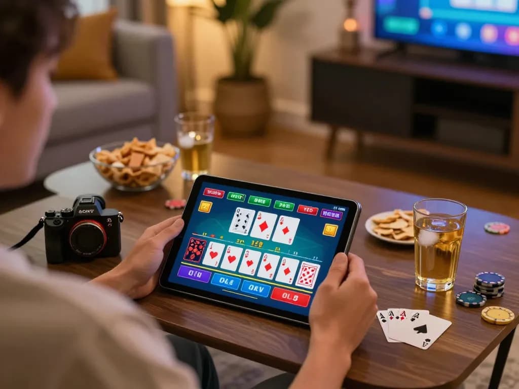 Player enjoying 88 pulsa live dealer blackjack on tablet at home with cozy decor