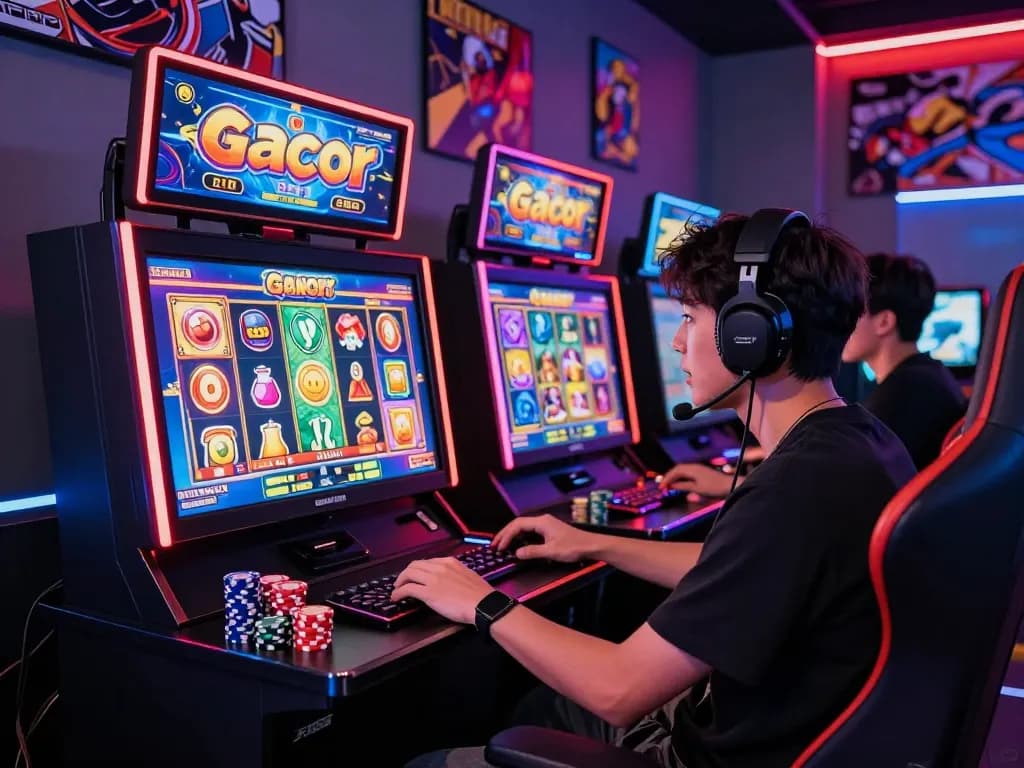 Situs slot gacor player excitedly engaging with an online slot machine, vibrant visuals and gaming chips present.