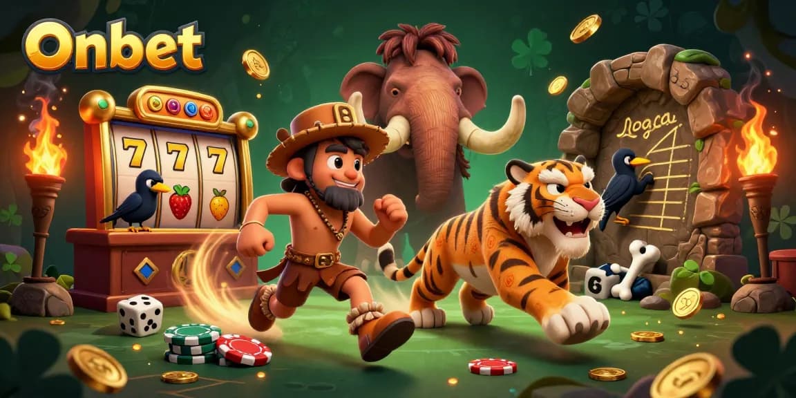 Experience exciting gaming at Onbet with this dynamic prehistoric casino scene.