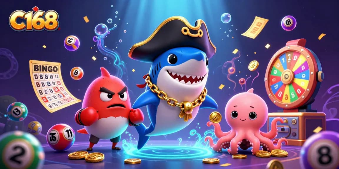 Engage with C168's vibrant gaming world featuring animated characters and lively casino elements.