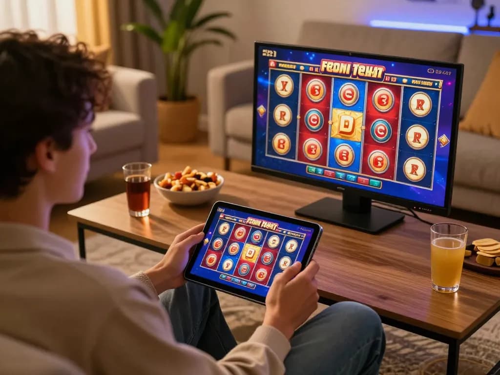 Pemain menikmati permainan slot pandawin yang menarik di tablet dalam suasana rumah yang nyaman