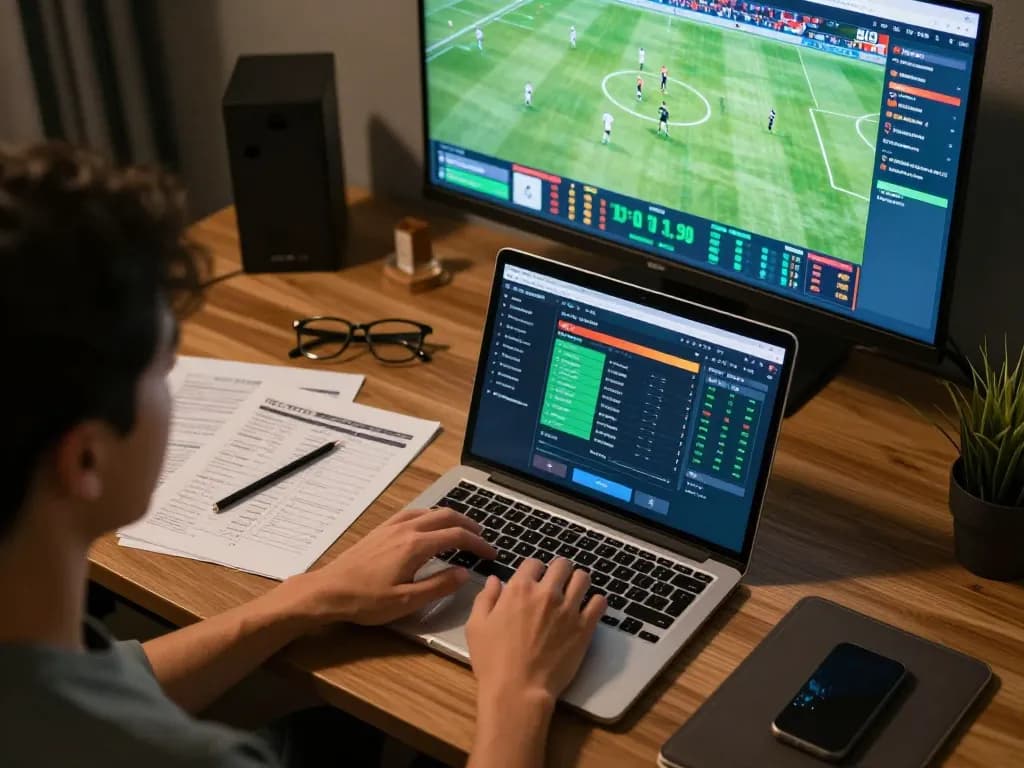 Engaging in keo nha cai 5 sports betting with a laptop and live match analysis.
