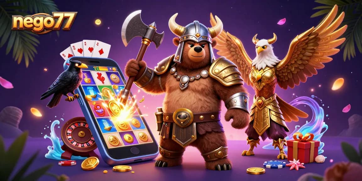 Experience the thrilling world of nego77 with vibrant slot games and dynamic casino characters.