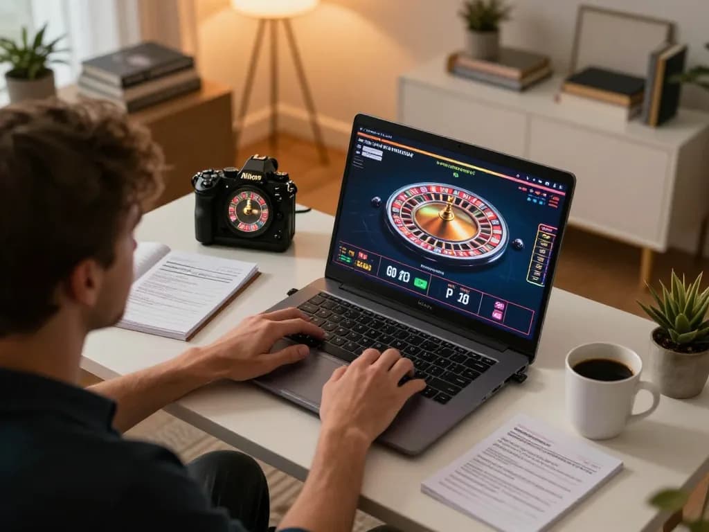 Player engaging in online casino gaming on MM99 COM, showcasing live dealer roulette on laptop.