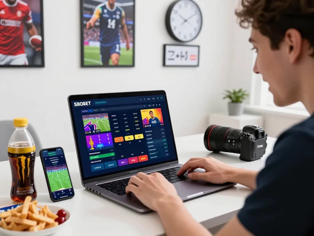 SBOBET online sports betting setup with laptop, smartphone, and snacks in a bright space