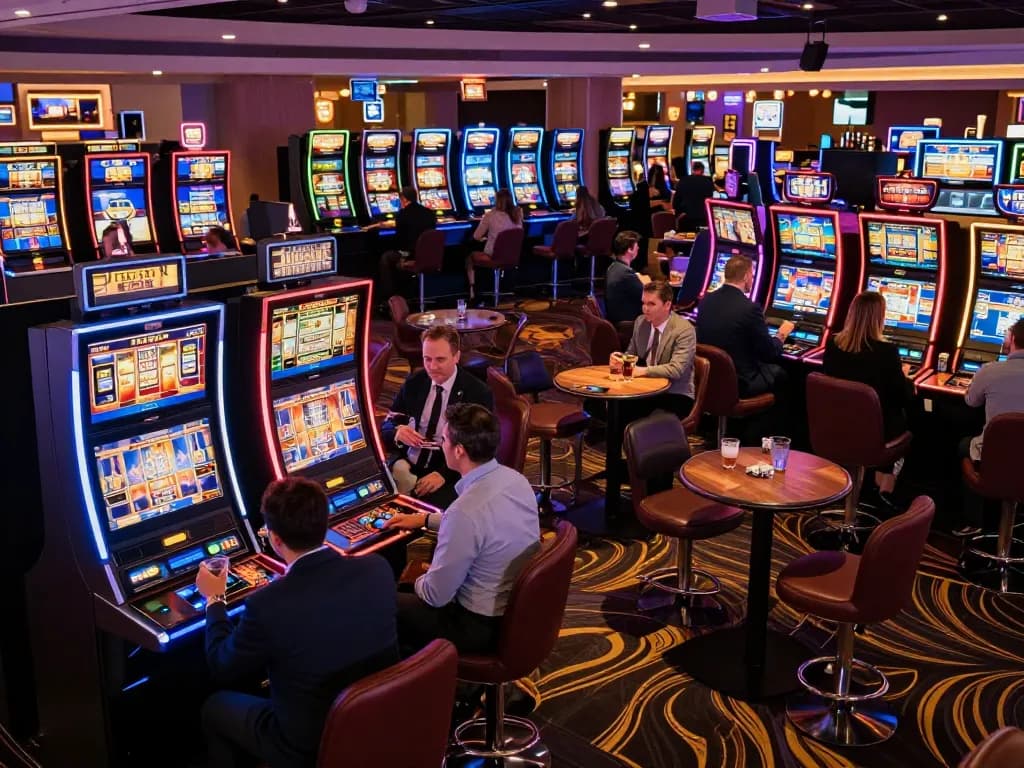 Excited players enjoying various slot machines at a legge casino, vibrant neon lights illuminating the gaming floor.