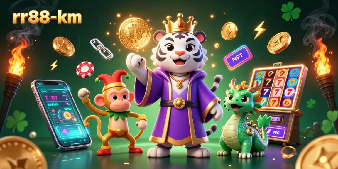 Engage with rr88-km as a playful golden monkey juggles poker chips amidst vibrant gaming elements.