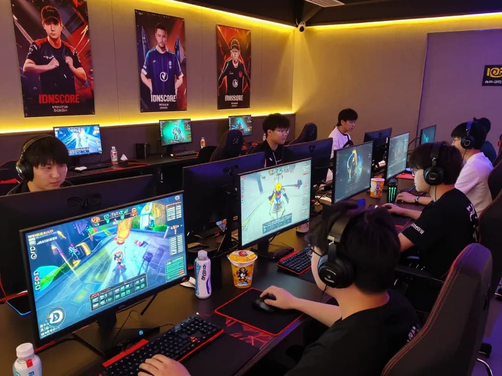 IDNSCORE online gamers intensely competing in a vibrant tournament setting with multiple screens.