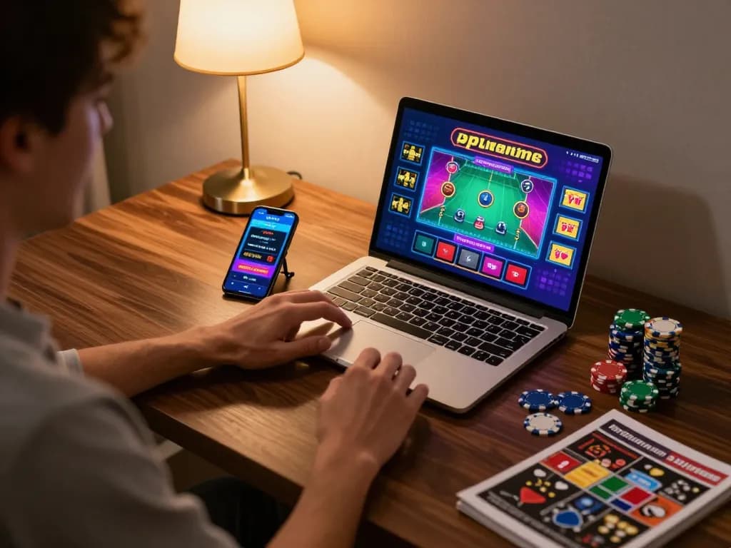 UGDEWA player engaged in thrilling online casino game at home with stylish gaming setup.