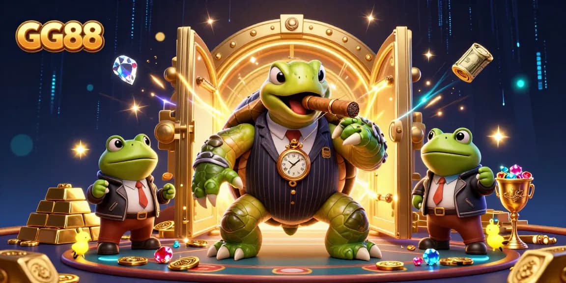 Experience the thrill of GG88 casino with a vibrant, lively 3D illustration showcasing a snapping turtle and bullfrogs amid riches.