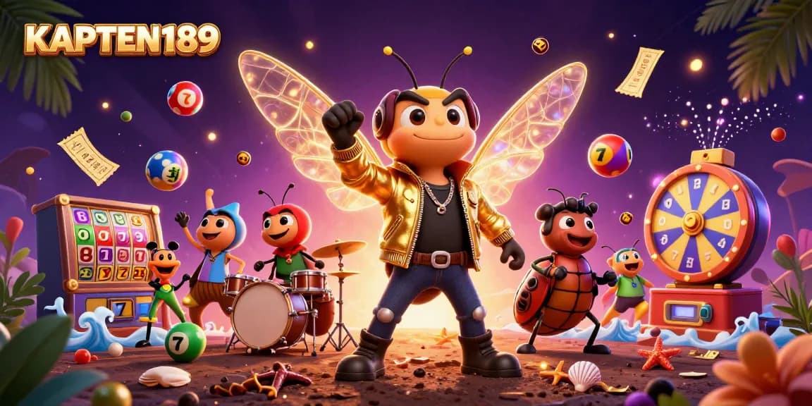 KAPTEN189 menampilkan cicada rock star dan elemen judi slot dalam ilustrasi menarik.