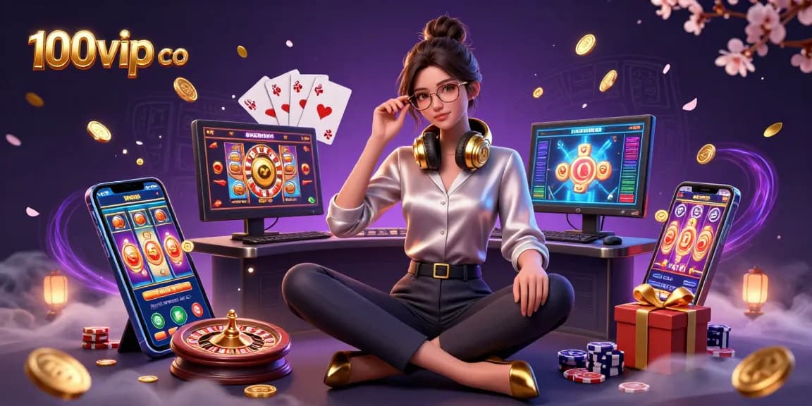 Experience the thrilling world of 100vip co with high-tech gaming setups and colorful slot games.