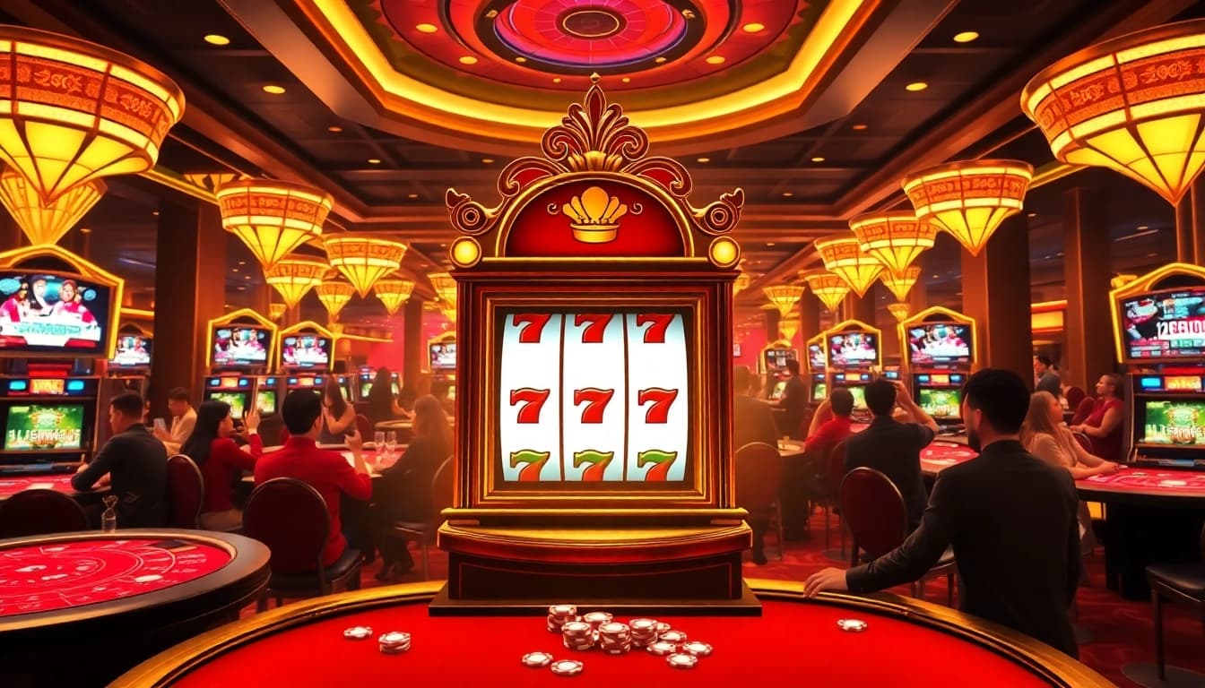 The thrilling gaming atmosphere at https://nohudoithuong.life/, showcasing vibrant slot machines and enthusiastic players around tables.