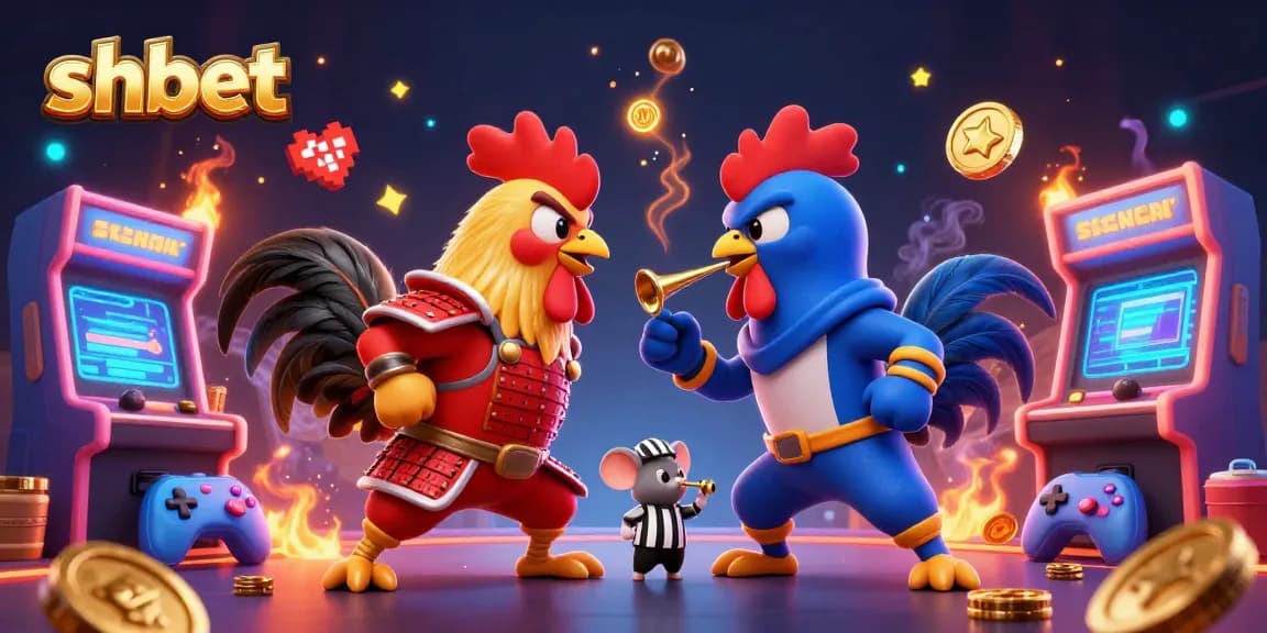 Experience intense action with shbet's fighting roosters amidst vibrant gaming elements and casino themes.
