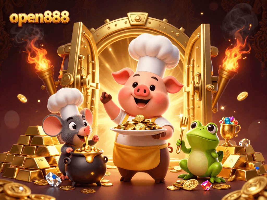 Engaging gaming scene with open888 characters: chef pig, mouse, and frog amidst gold and jewels.