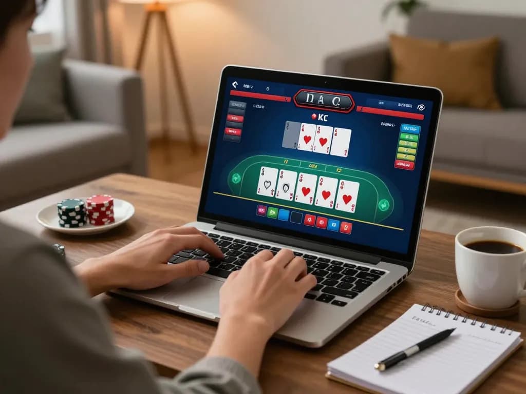 KJC player engaging in online blackjack strategy at home with laptop display.