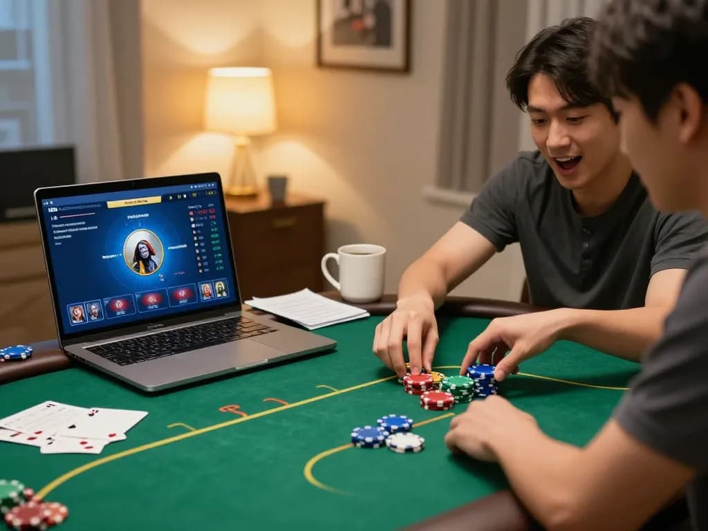 Engaged player using sunwin's online poker platform at home for strategic gameplay