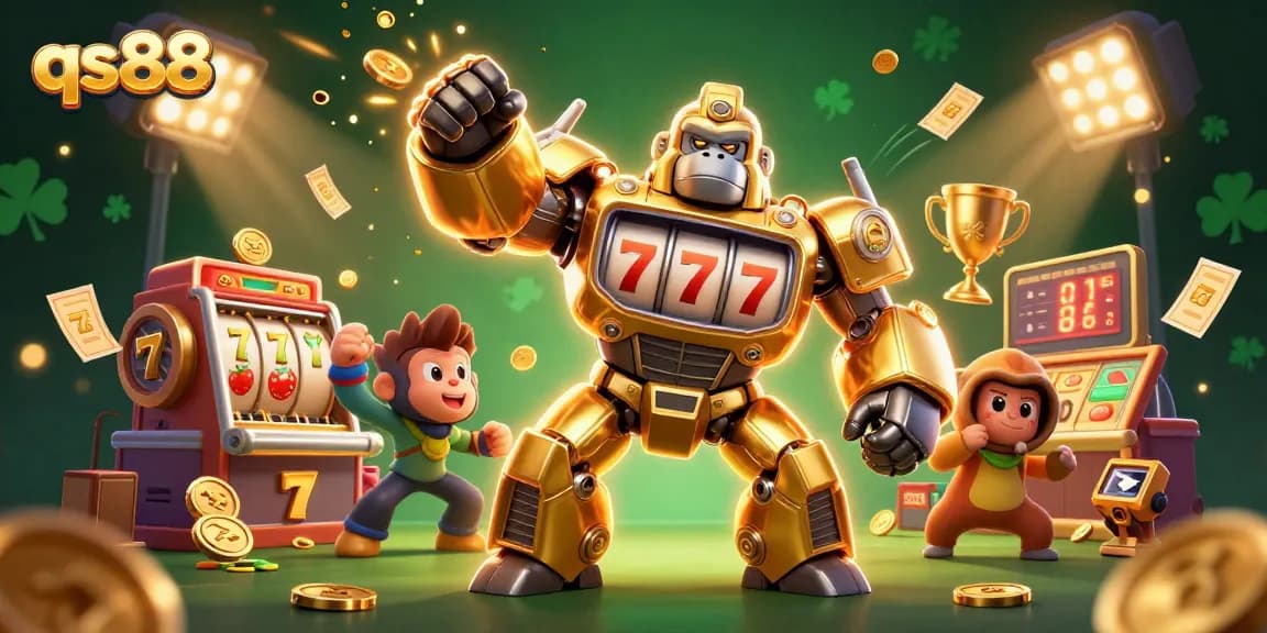 Experience excitement with qs88 as a golden gorilla mech bursts with coins and slot elements in a thrilling casino scene.