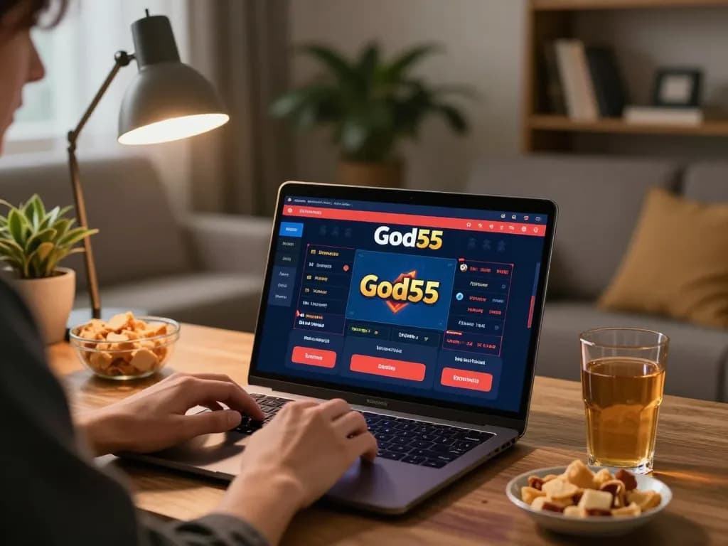 Engaged player using God55vn platform on laptop with cozy atmosphere enhancing online gaming.
