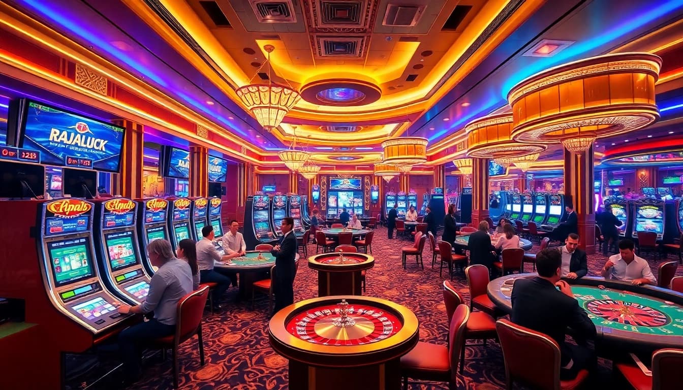 Rajaluck casino scene featuring players enjoying slot machines and poker tables.