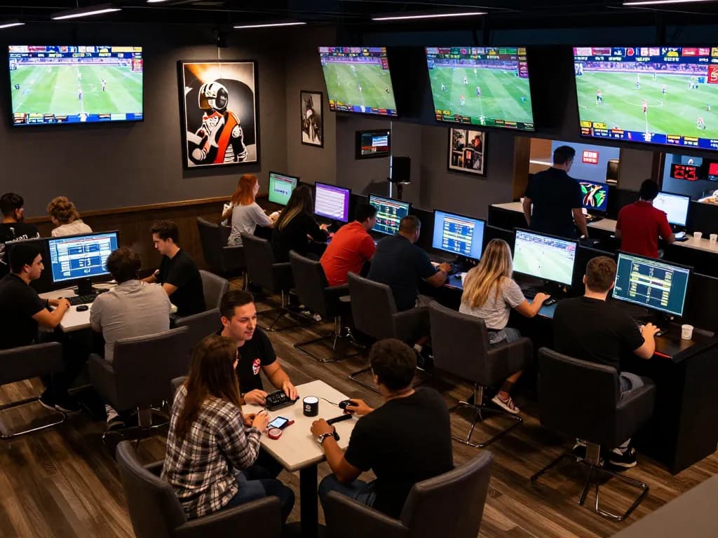 Experience the excitement of megaplus88 with patrons actively betting in a modern sports lounge.