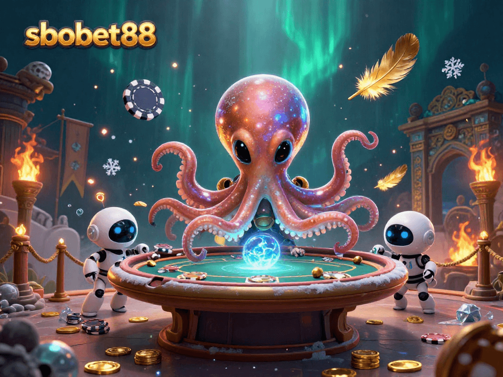 Engage with sbobet88 through an exciting 3D alien octopus scene at a poker table.