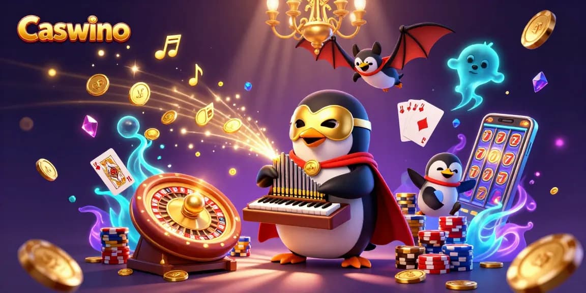 Experience thrilling gameplay at Caswino Casino with dynamic 3D illustrations showcasing games and excitement.