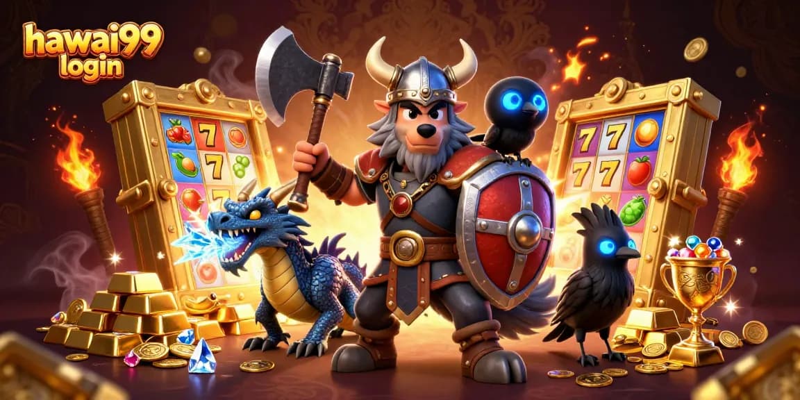 Engage with hawai99 login as the Viking warrior battles for casino treasures in a vibrant scene.